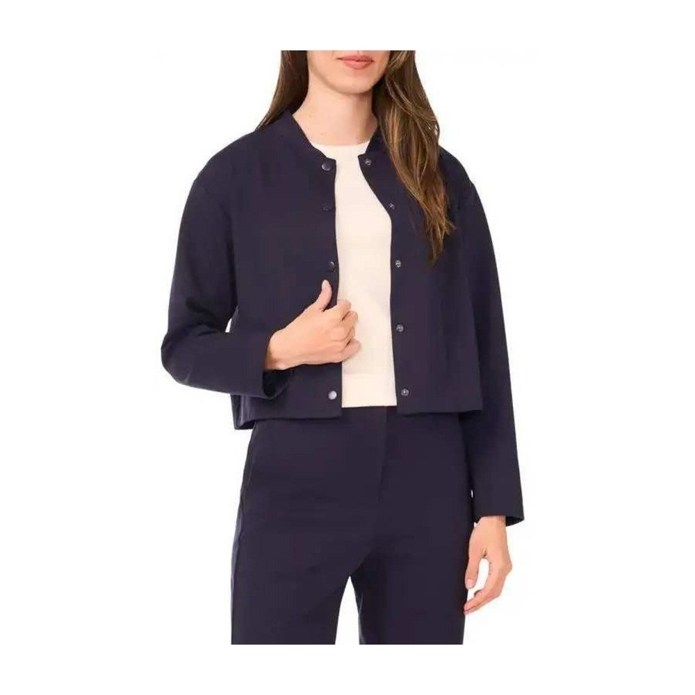 Navy Blue Cropped Snap Front Collarless Jacket Women Long Sleeve RN51323